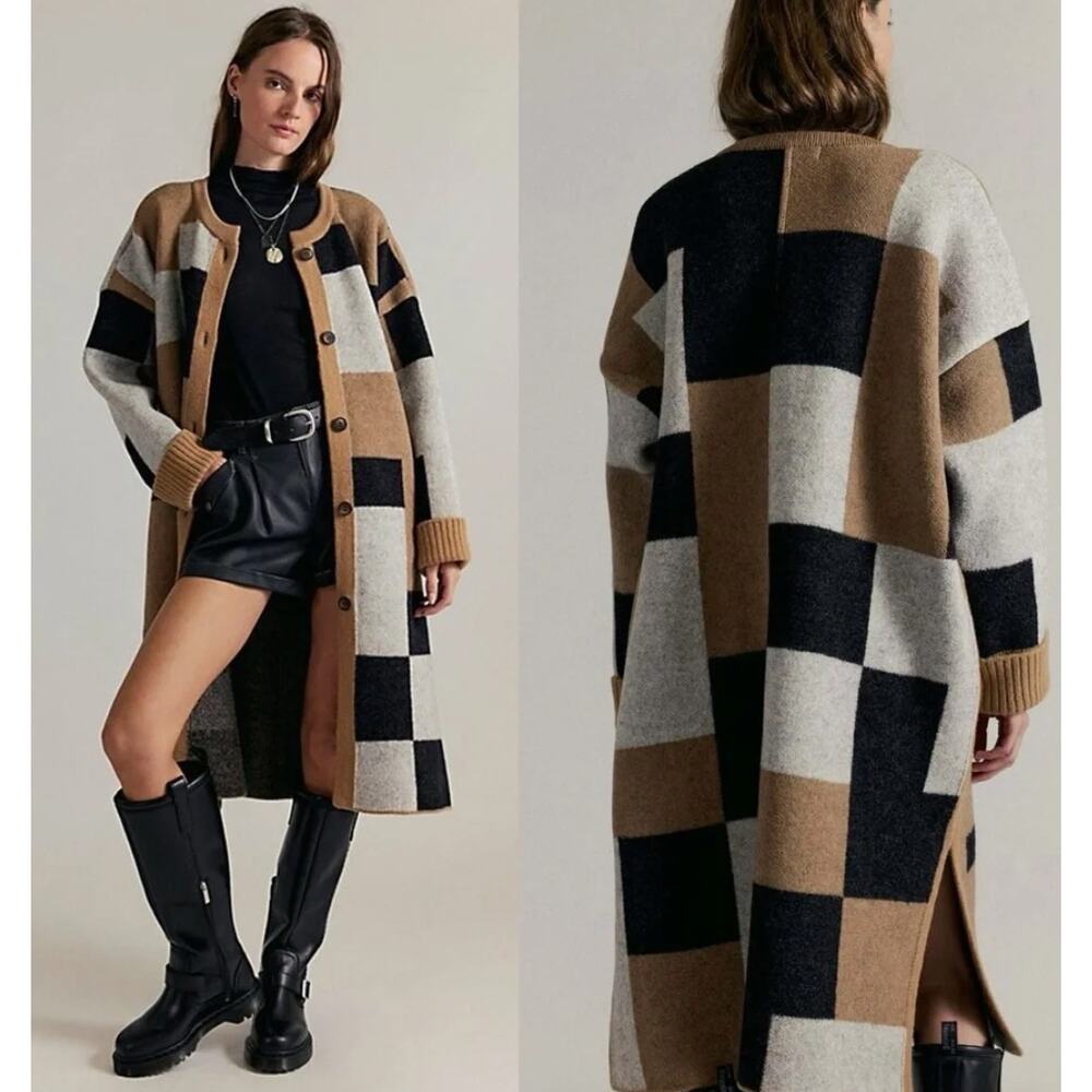 Free People Check Me Out Cardigan Sweater Coat 100% Wool Heavy Size M/L NWT
